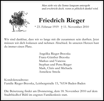 Traueranzeige von Friedrich Rieger von Tageszeitung
