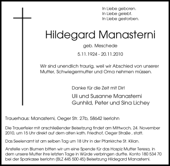 Traueranzeige von Hildegard Manasterni von Tageszeitung