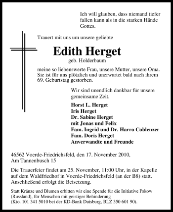 Traueranzeige von Edith Herget von Tageszeitung