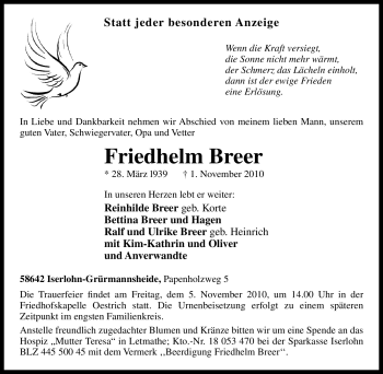 Traueranzeige von Friedhelm Breer von Tageszeitung