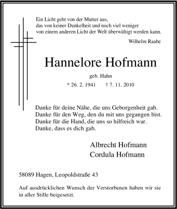 Traueranzeige von Hannelore Hofmann von Tageszeitung