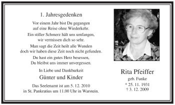 Traueranzeige von Rita Pfeiffer von Tageszeitung