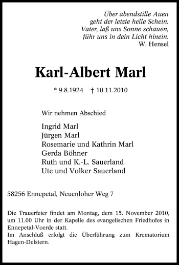 Traueranzeige von Karl-Albert Marl von Tageszeitung