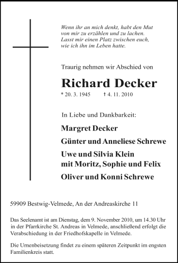 Traueranzeige von Richard Decker von Tageszeitung