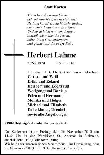Traueranzeige von Herbert Lahme von Tageszeitung