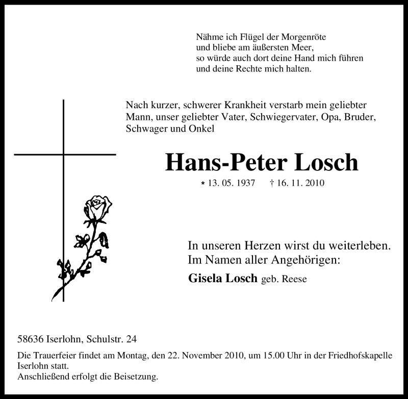 Traueranzeige für Hans-Peter Losch vom 18.11.2010 aus Tageszeitung