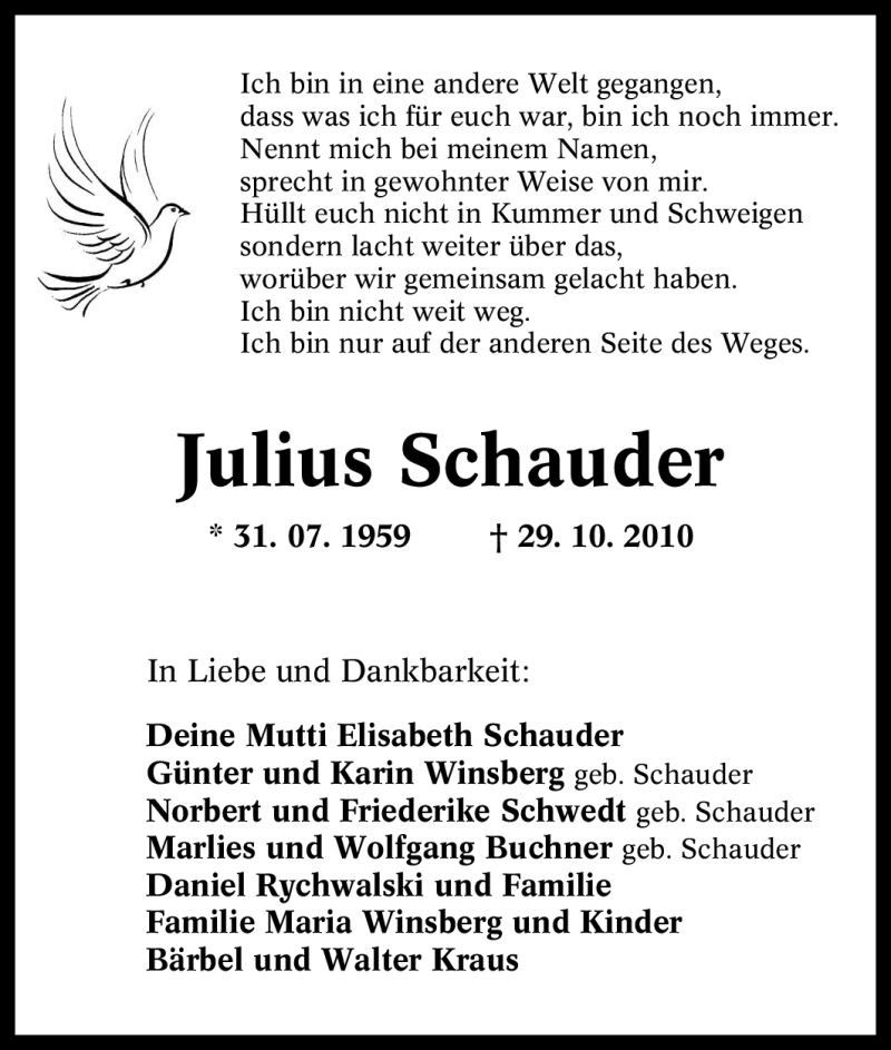  Traueranzeige für Julius Schauder vom 11.11.2010 aus Tageszeitung