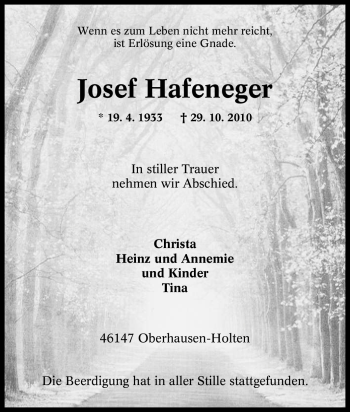 Traueranzeige von Josef Hafeneger von Tageszeitung