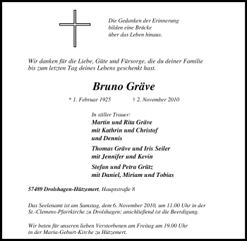 Traueranzeige von Bruno Gräve von Tageszeitung