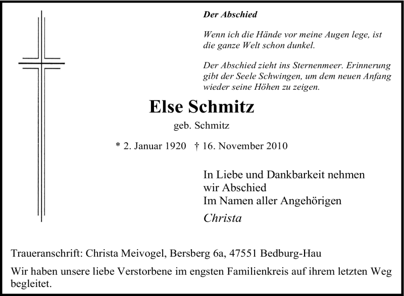  Traueranzeige für Else Schmitz vom 25.11.2010 aus Tageszeitung