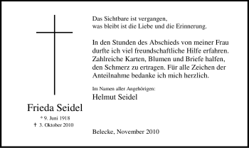 Traueranzeige von Frieda Seidel von Tageszeitung