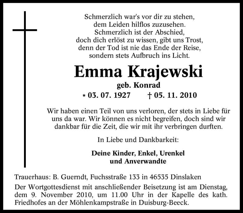  Traueranzeige für Emma Krajewski vom 06.11.2010 aus Tageszeitung