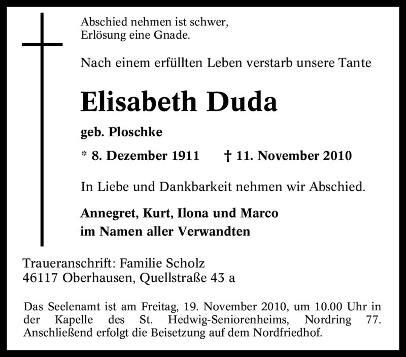  Traueranzeige für Elisabeth Duda vom 18.11.2010 aus Tageszeitung