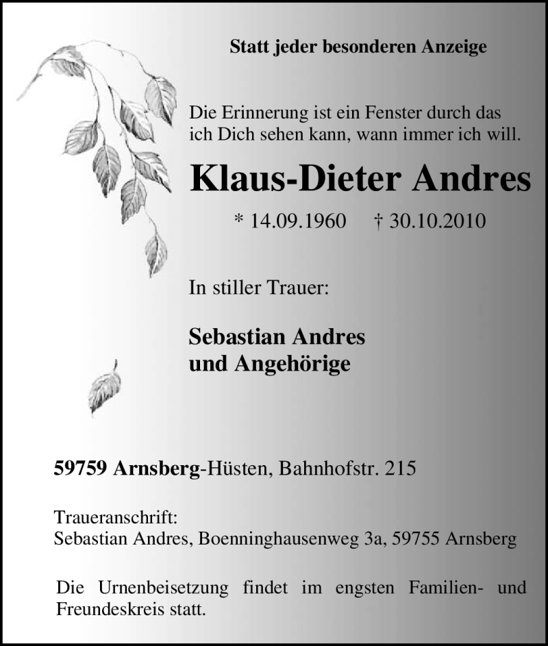  Traueranzeige für Klaus-Dieter Andres vom 05.11.2010 aus Tageszeitung