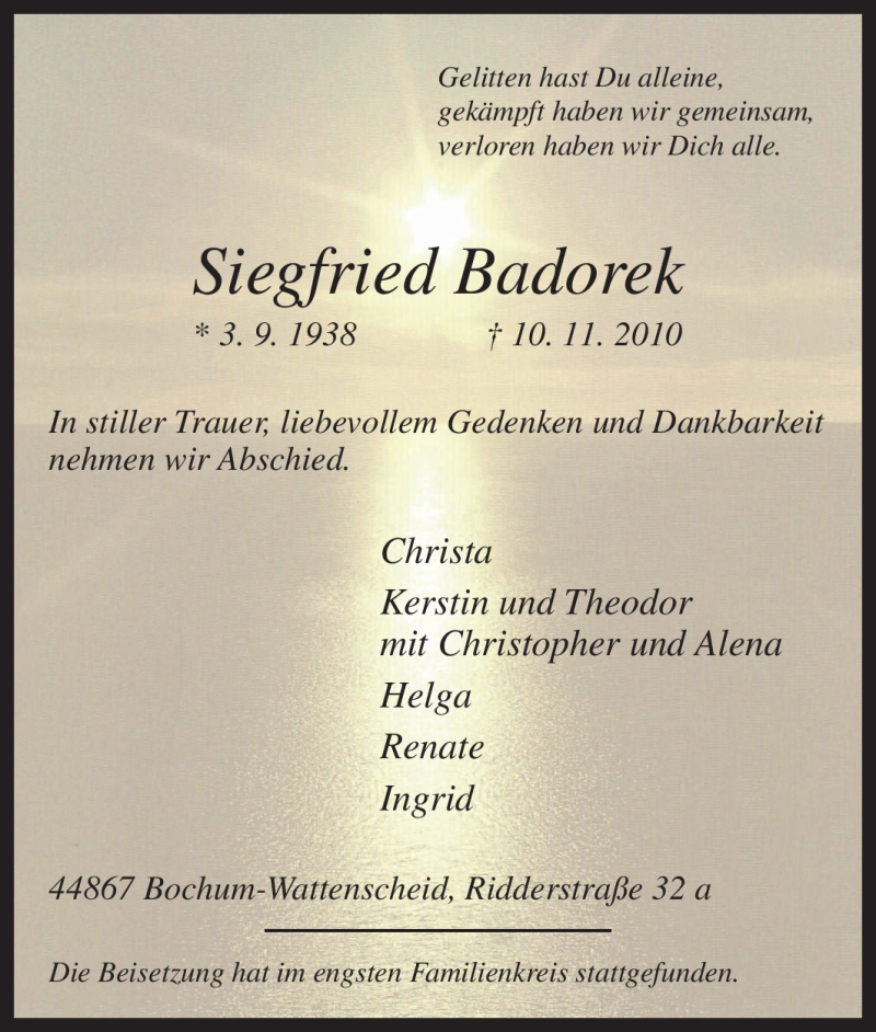  Traueranzeige für Siegfried Badorek vom 16.11.2010 aus Tageszeitung