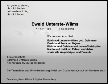 Traueranzeige von Ewald Unterste-Wilms von Tageszeitung