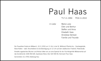 Traueranzeige von Paul Haas von Tageszeitung