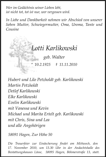 Traueranzeige von Lotti Karlikowski von Tageszeitung