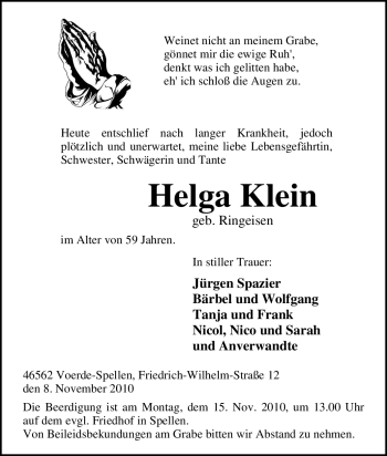 Traueranzeige von Helga Klein von Tageszeitung
