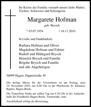 Traueranzeige von Margarete Hofman von Tageszeitung