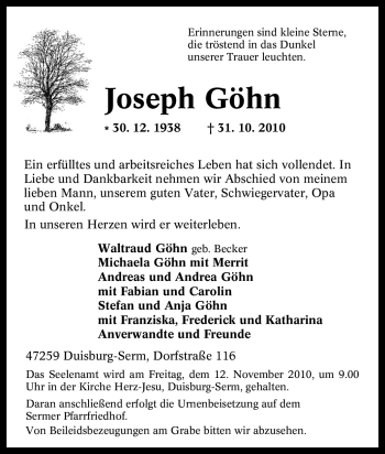 Traueranzeige von Joseph Göhn von Tageszeitung