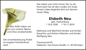 Traueranzeige von Elsbeth Neu von Tageszeitung