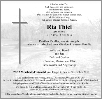 Traueranzeige von Ria Thiel von Tageszeitung
