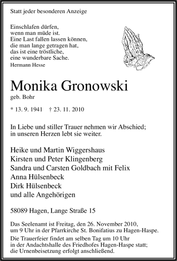 Traueranzeige von Monika Gronowski von Tageszeitung