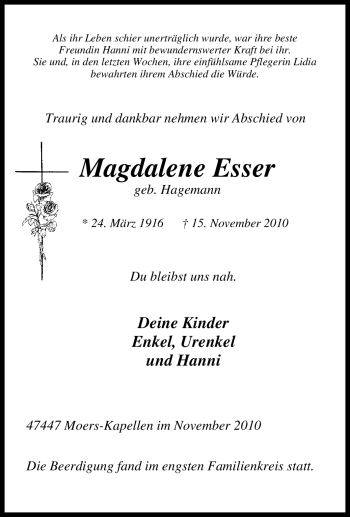 Traueranzeige von Magdalene Esser von Tageszeitung
