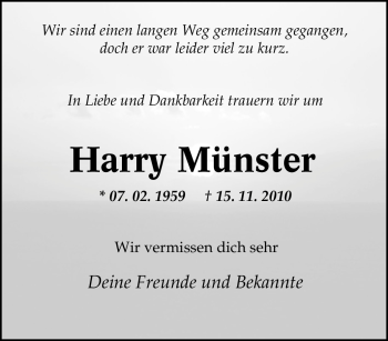 Traueranzeige von Harry Münster von Tageszeitung