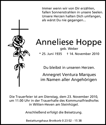 Traueranzeige von Anneliese Hoppe von Tageszeitung
