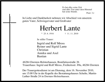 Traueranzeige von Herbert Lante von Tageszeitung