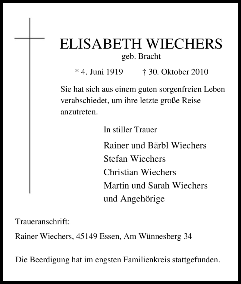  Traueranzeige für Elisabeth Wiechers vom 20.11.2010 aus Tageszeitung