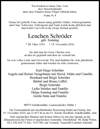 Traueranzeige von Lenchen Schröder von Tageszeitung