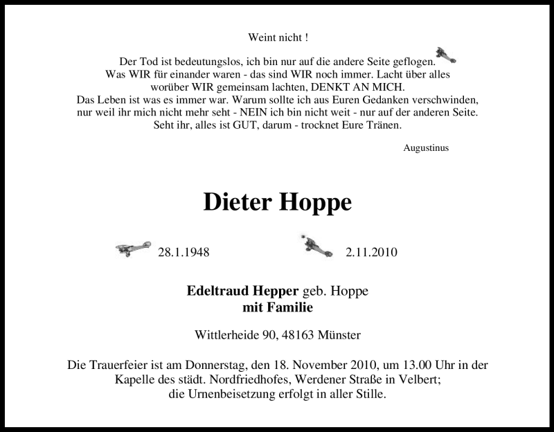  Traueranzeige für Dieter Hoppe vom 13.11.2010 aus Tageszeitung