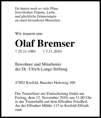 Traueranzeige von Olaf Bremser von Tageszeitung