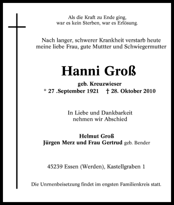 Traueranzeige von Hanni Groß von Tageszeitung