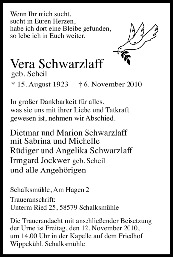 Traueranzeige von Vera Schwarzlaff von Tageszeitung
