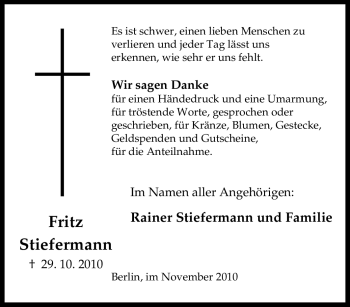 Traueranzeige von Fritz Stiefermann von Tageszeitung