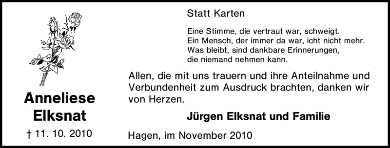 Traueranzeige für Anneliese Elksnat vom 05.11.2010 aus Tageszeitung
