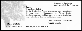 Traueranzeige von Rudi Stolzke von Tageszeitung