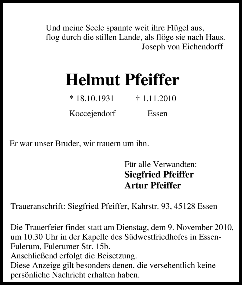 Traueranzeigen von Helmut Pfeiffer TrauerinNRW.de
