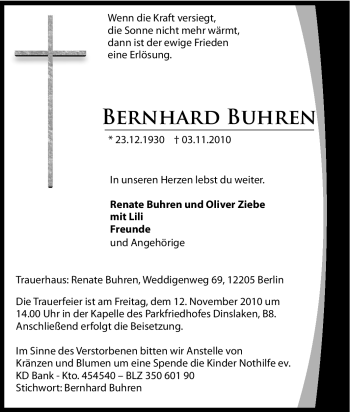 Traueranzeige von Bernhard Buhren von Tageszeitung