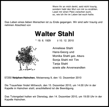 Traueranzeige von Walter Stahl von Tageszeitung