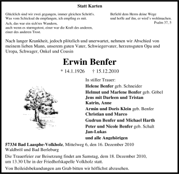 Traueranzeige von Erwin Benfer von Tageszeitung