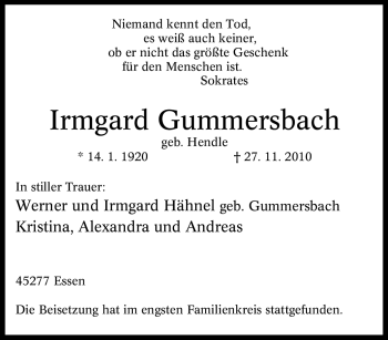 Traueranzeige von Irmgard Gummersbach von Tageszeitung