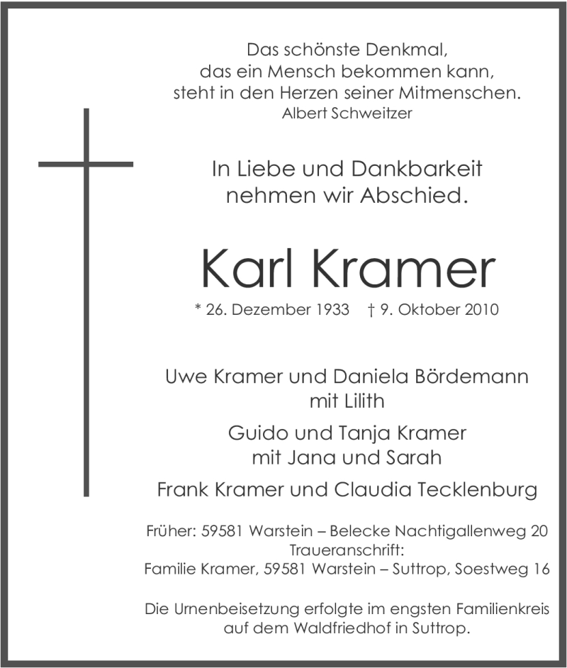  Traueranzeige für Karl Kramer vom 04.12.2010 aus Tageszeitung