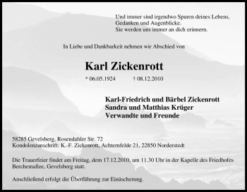 Traueranzeige von Karl Zickenrott von WESTDEUTSCHE ALLGEMEINE ZEITUNG
