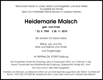 Traueranzeige von Heidemarie Malsch von Tageszeitung