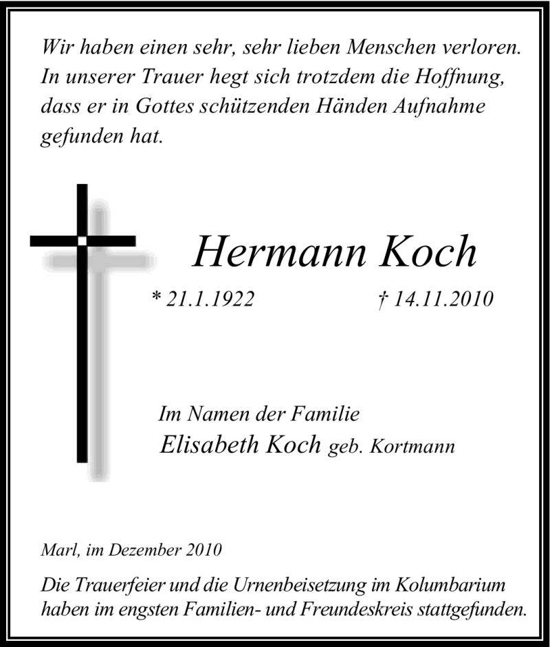  Traueranzeige für Hermann Koch vom 04.12.2010 aus Tageszeitung